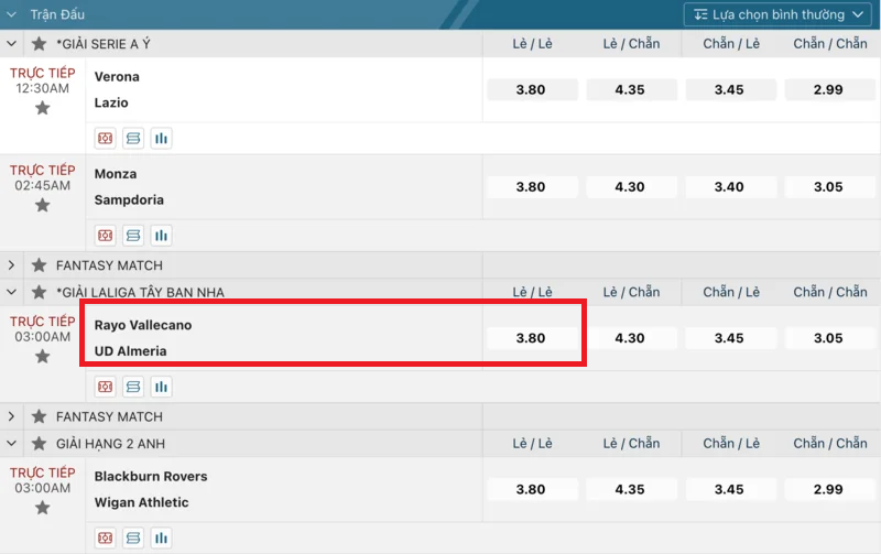 Ví dụ minh họa kèo cá độ chẵn lẻ cho trận đấu giữa Rayo Vallencano vs UD Almeria