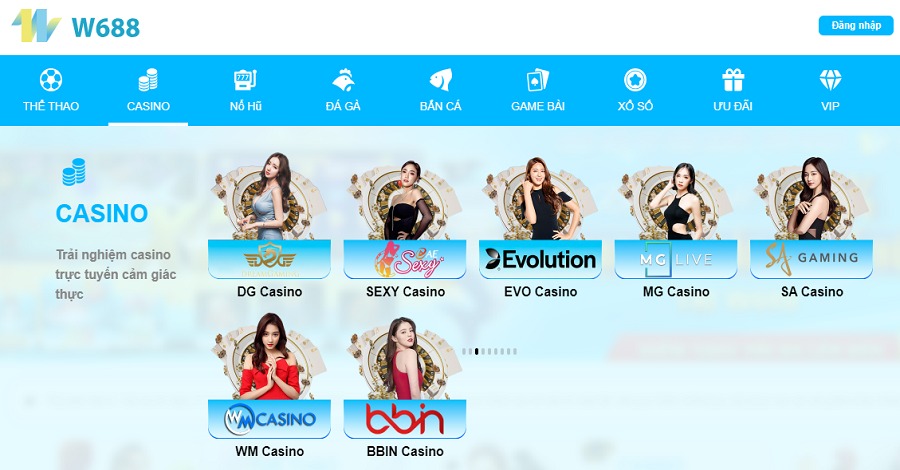 Tận hưởng live casino W688 chân thực