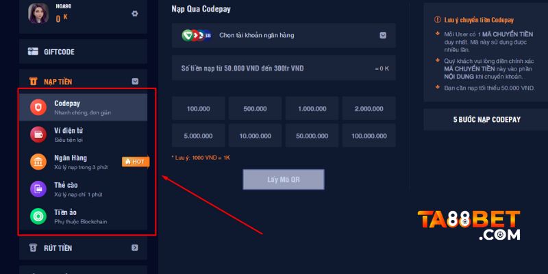 Nạp tiền vào cổng game bài online TA88