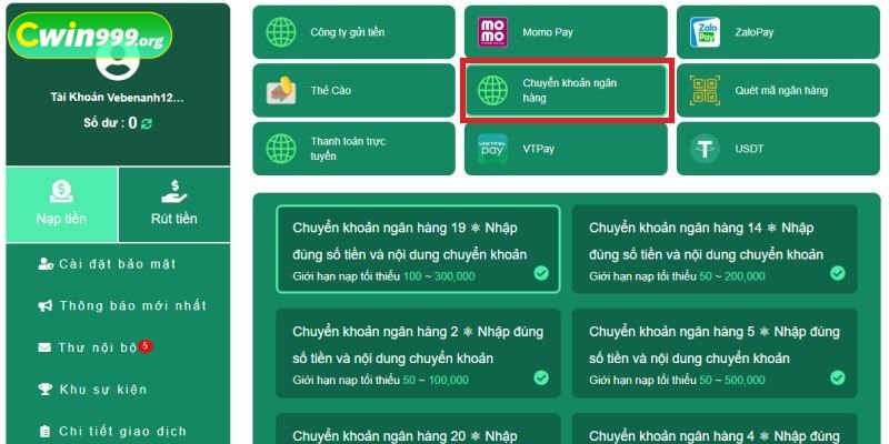 Các phương thức giao dịch nạp tiền CWIN phổ biến